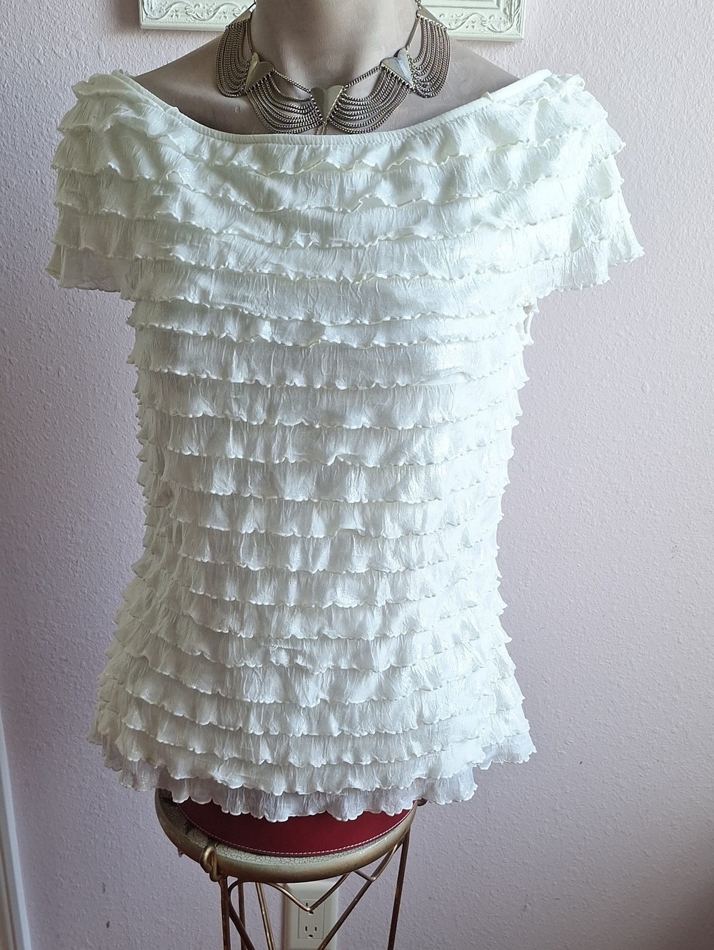 Cachet Ivory Off-Shoulder Ruffled Layered Blouse